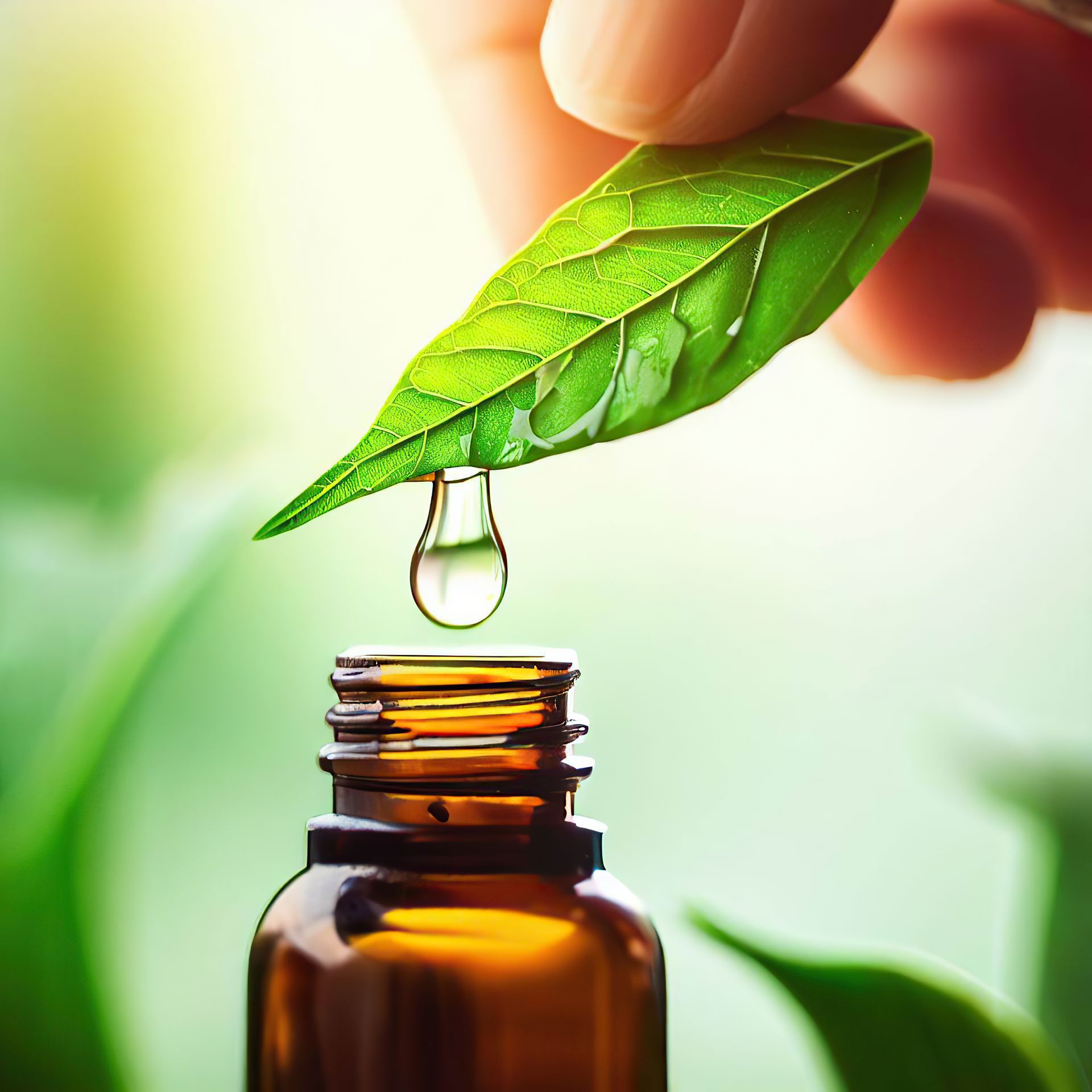 A drop of liquid being poured from a leaf into a bottle