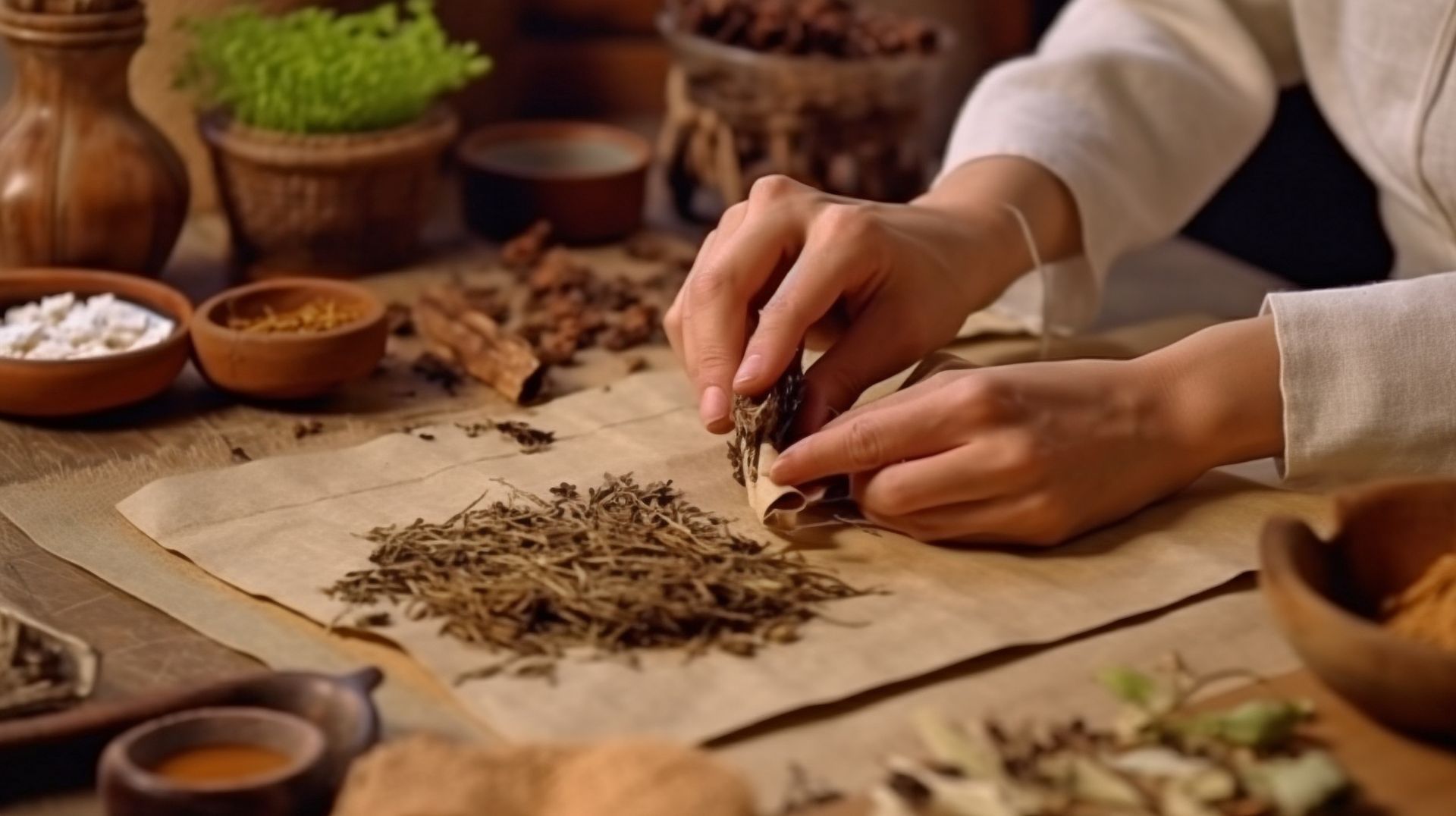 A person holding paper with dried herbs