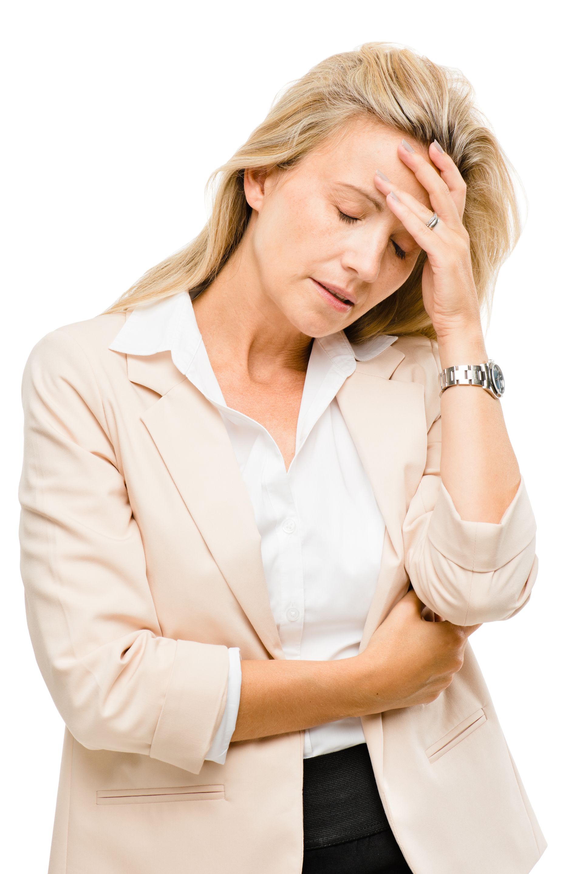 A woman with a watch on her wrist is holding her head